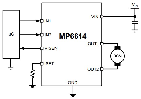Application Circuit Diagram - Monolithic Power Systems (MPS) MP6614 H-Bridge DC Motor Drivers